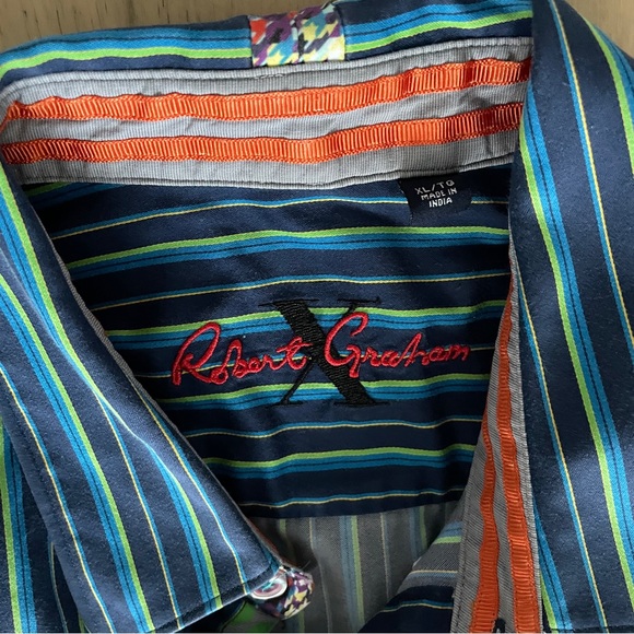 Robert Graham X Mens Shirt Large Blue Green Stripe Contrasting Cuffs Modern - Picture 2 of 8
